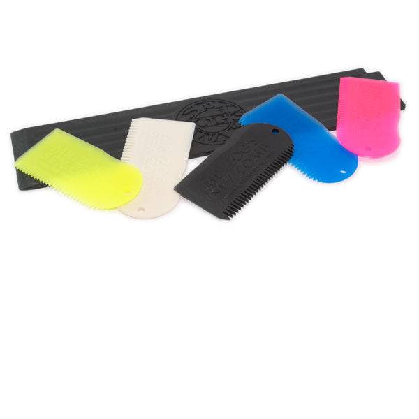 Set of colorful Sexwax Wax Comb & Scrapers for surfboard maintenance.