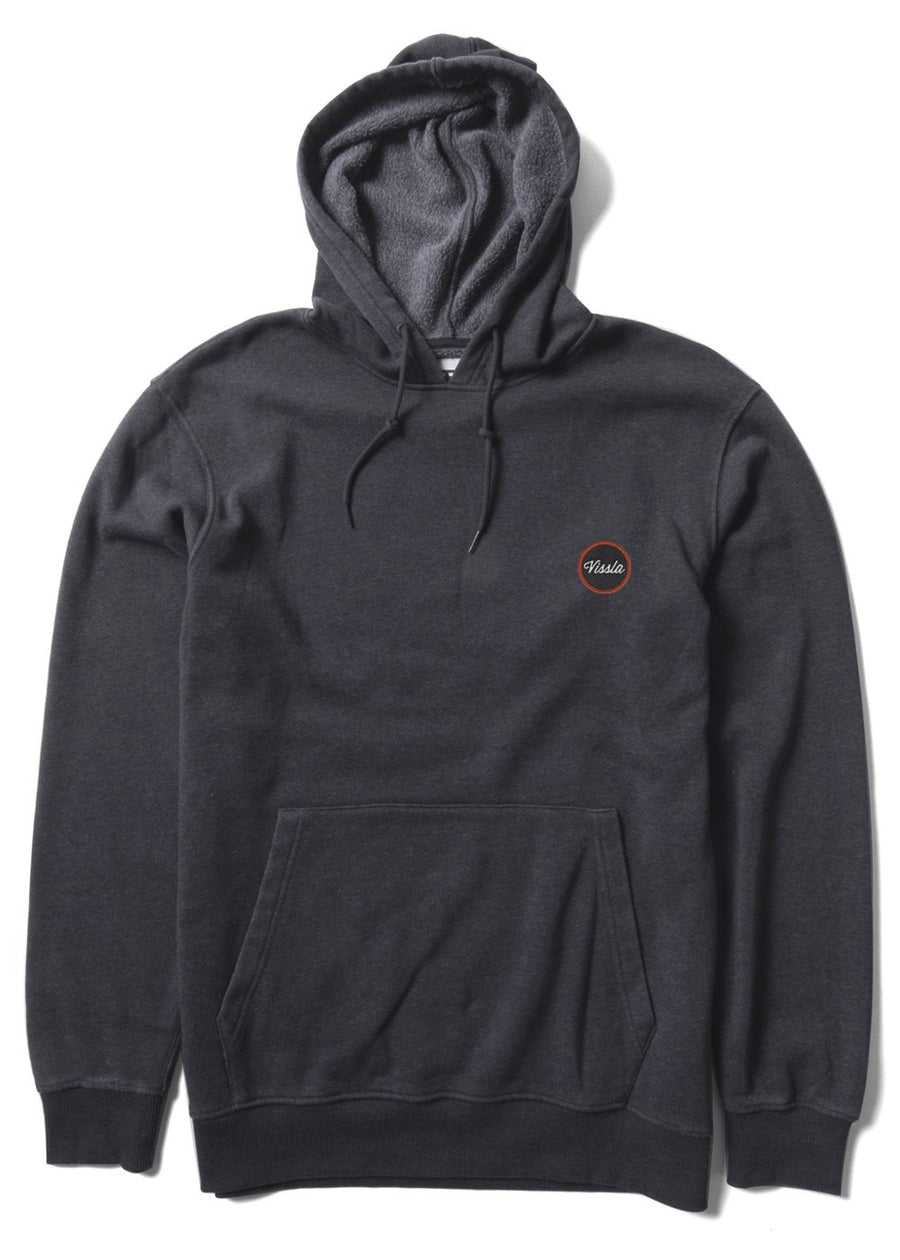 Vissla Solid Sets Eco PO Hoodie in stone blue with front pocket and logo.
