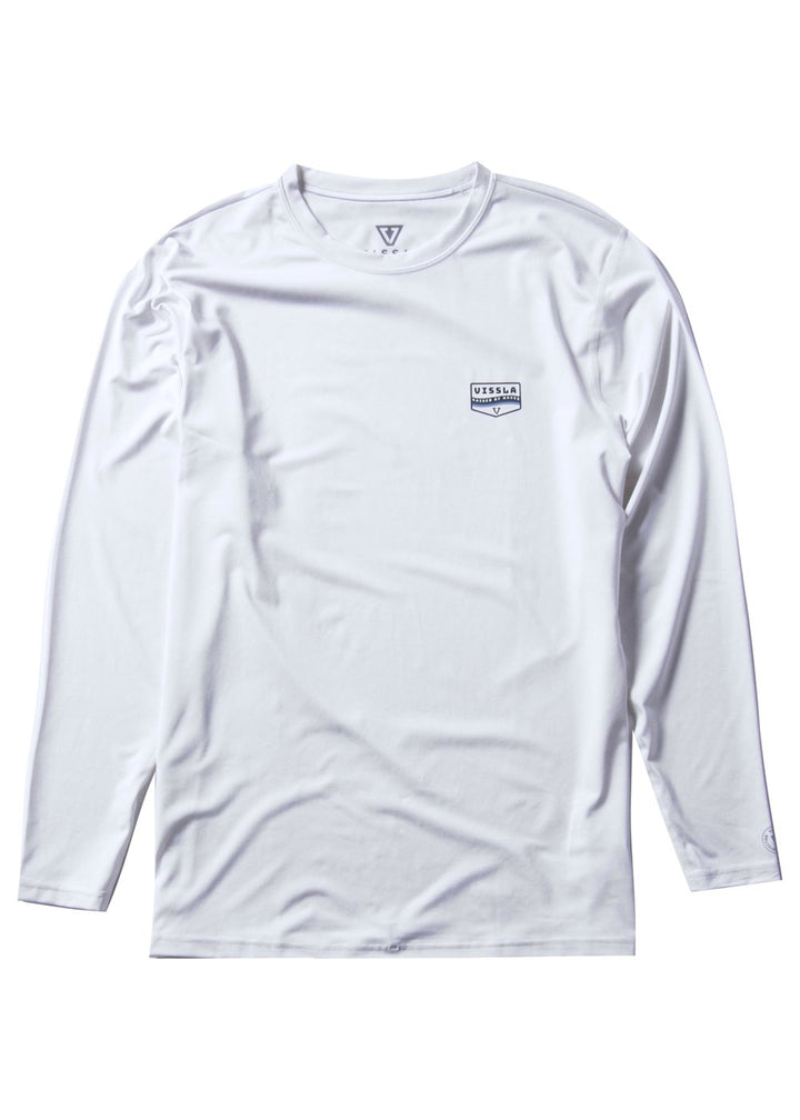 Vissla Easy Seas Eco L/S Lycra in dusk blue, front view with small chest logo.