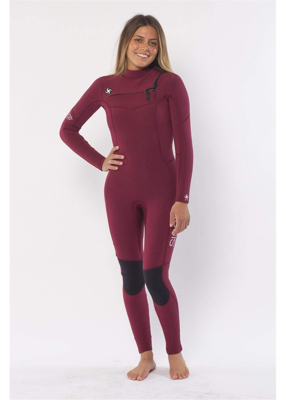 Sisstrevolution 7 Seas 5/4 chest zip full wetsuit in wine color for women.