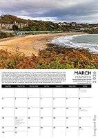 March page of Dan Santillo Gower 2026 Calendar showing a coastal view of Mumbles with beach houses, calendar layout, and photo details.