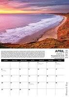 April page of Dan Santillo Gower 2026 Calendar with a panoramic view of Oxwich Bay at sunset, monthly planner, and informative photo text.