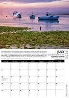 July page of Dan Santillo Gower 2026 Calendar showing boats at Burry Port Harbour during sunset, with calendar layout and photo description.