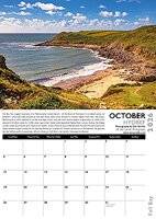 October page of Dan Santillo Gower 2026 Calendar featuring a sunny view of Pwll Du Bay, with calendar grid and descriptive photo paragraph.