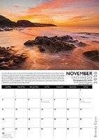 November page of Dan Santillo Gower 2026 Calendar showing a vivid sunset at Rotherslade Bay, with calendar layout and photo location text.