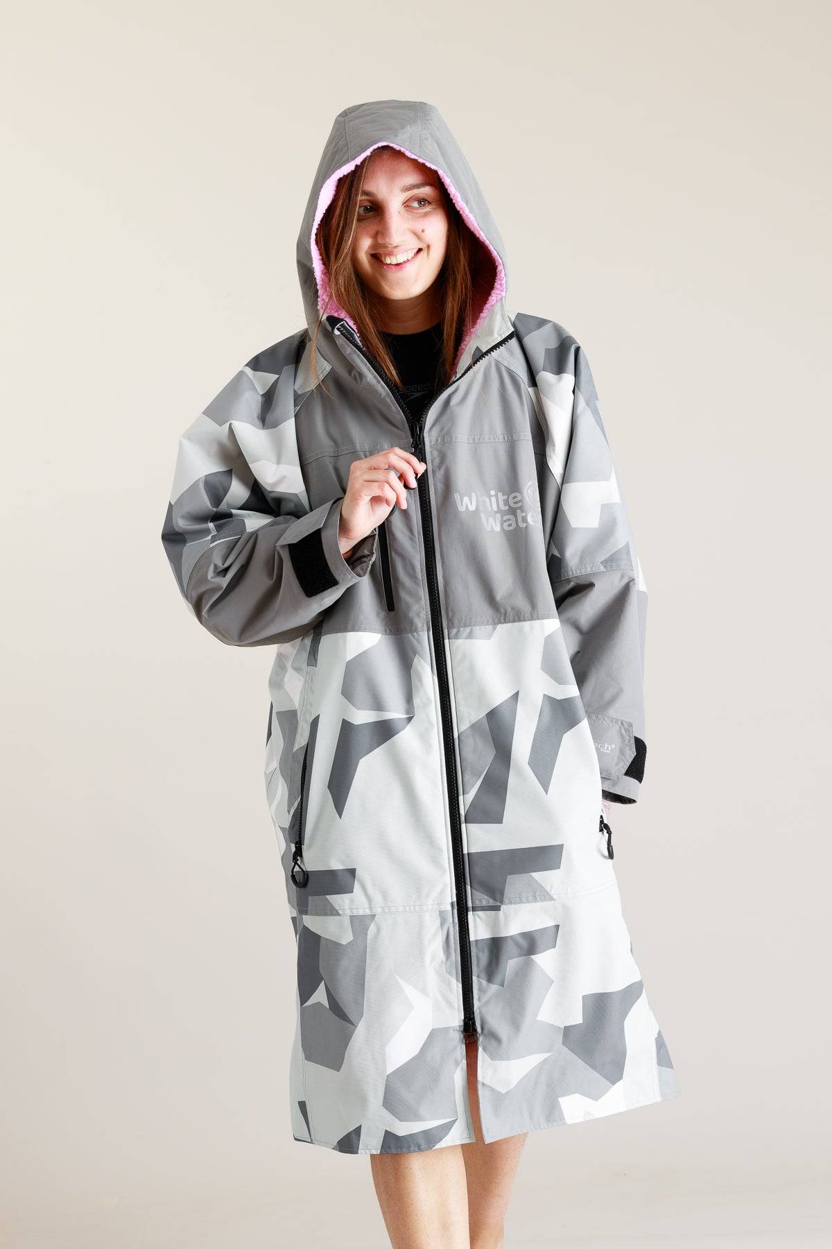 White Water adult hard shell robe in Arctic camo with pink lining, hooded and zipped.
