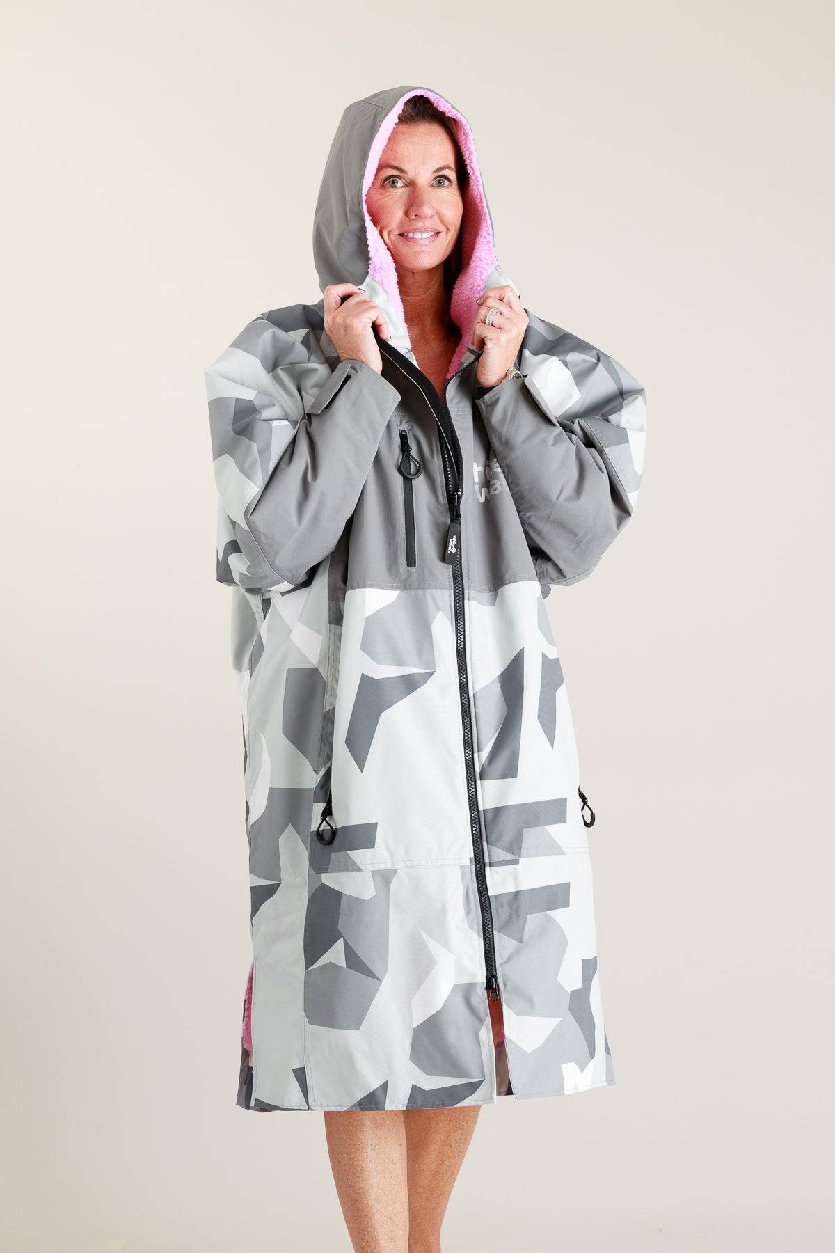 White Water adult hard shell robe in Arctic camo with pink lining, hood up.