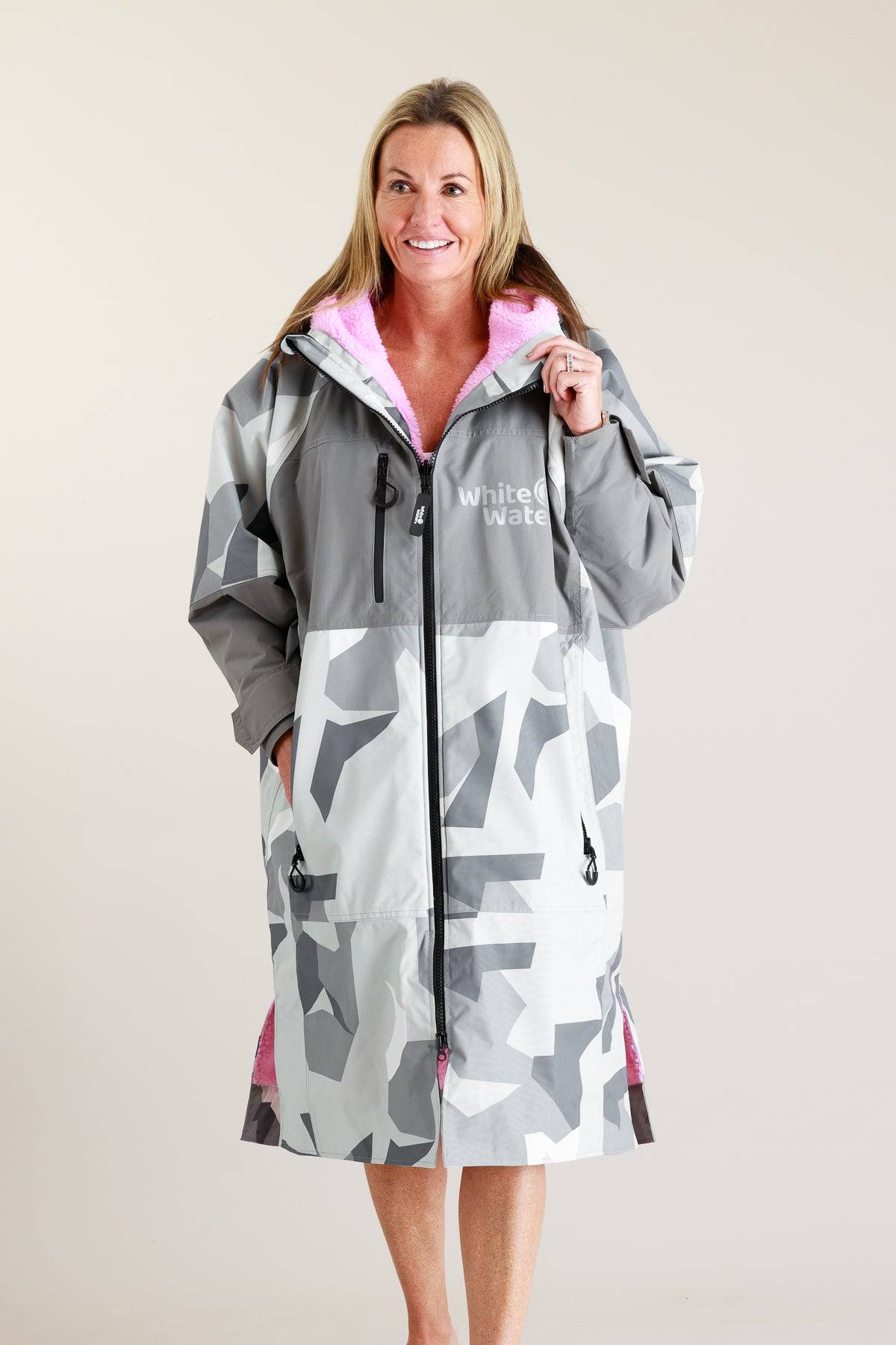 White Water adult hard shell robe in Arctic camo with pink lining, front zipped view.