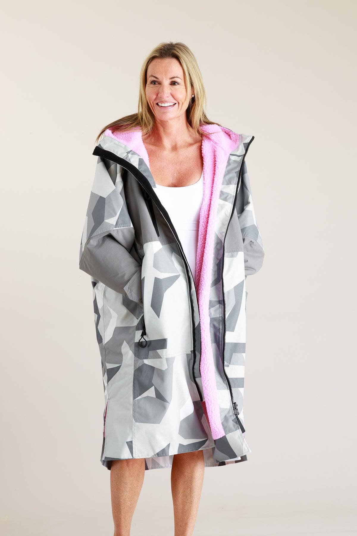 White Water adult hard shell robe in Arctic camo with pink lining, open front.