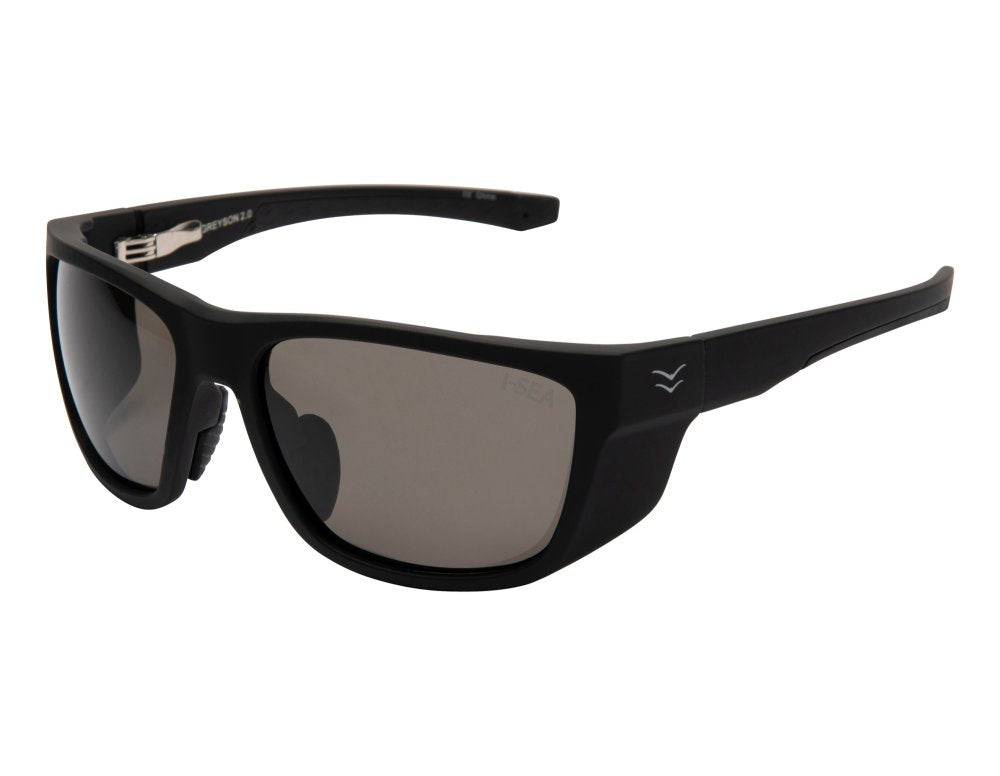 Side view of I-sea Greyson 2.0 black sunglasses with smoke polarized lenses.