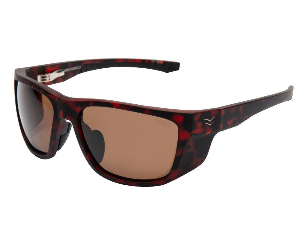 I-sea Greyson 2.0 sunglasses in tortoise frame with brown polarized lenses, angled side view.