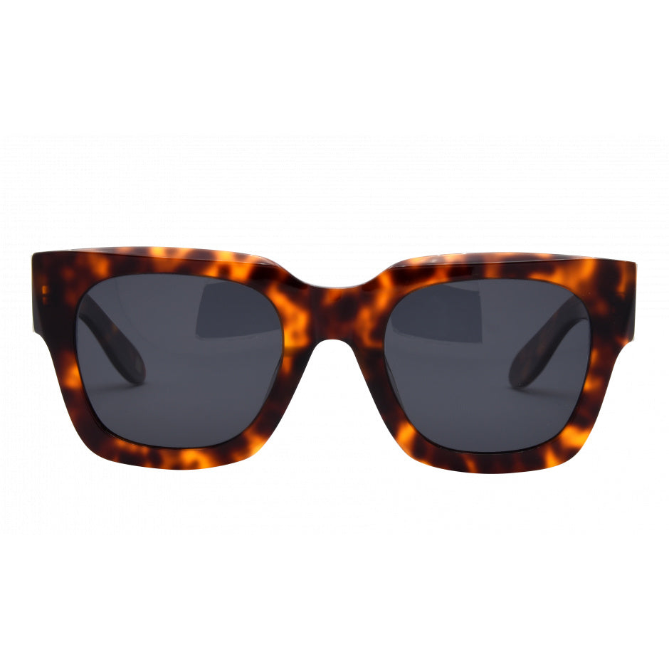 I-Sea Jolene tortoise sunglasses with square frames and dark lenses.