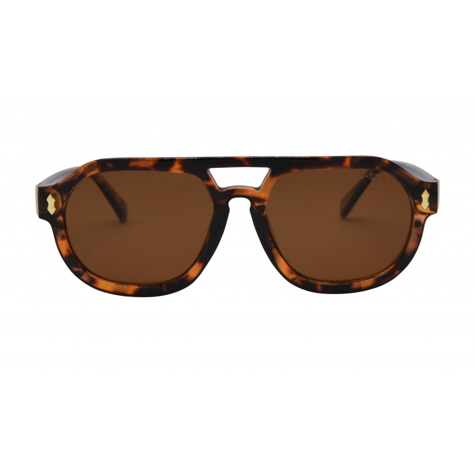 I-Sea Ziggy sunglasses in tortoise frame with brown polarized lenses, front view.