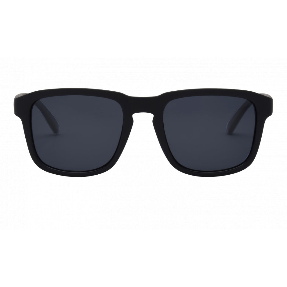 I-Sea Logan sunglasses in black with smoke polarized lenses, front view.