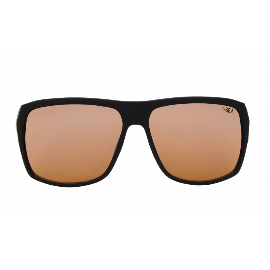 I-Sea Nick I Waterman sunglasses with black rubber frame and copper mirror polarized lenses.