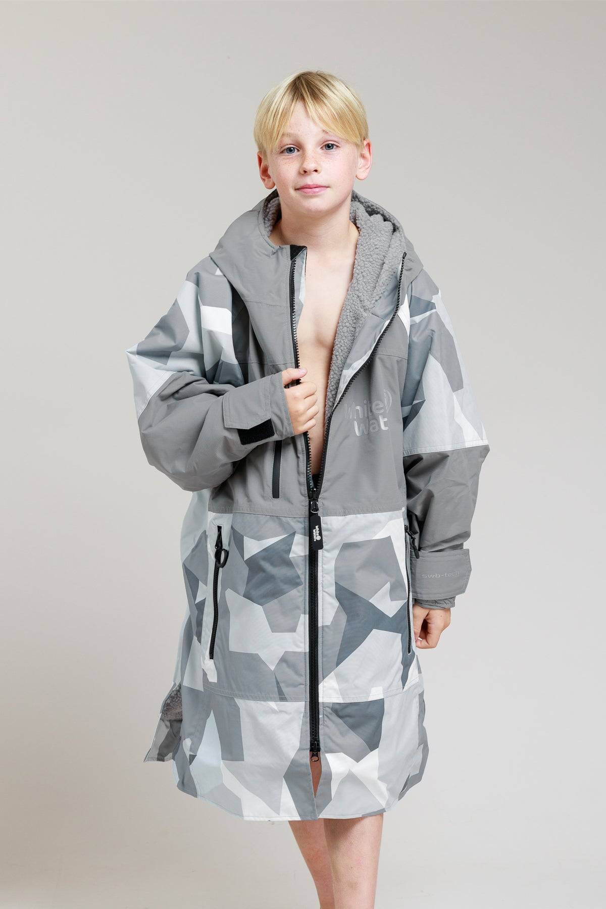White Water Kids Hard Shell Robe in camo design with hood and zipper.