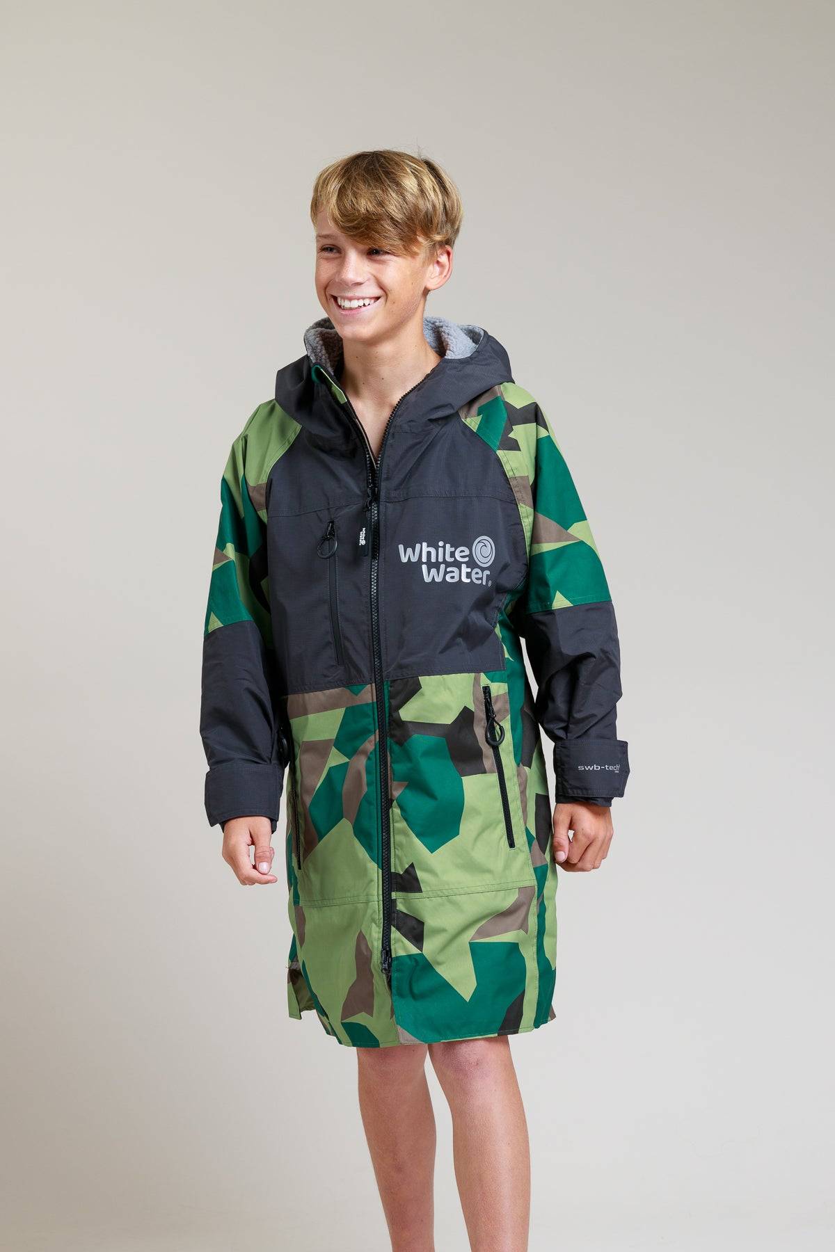 White Water Kids Hard Shell Robe in camo design with hood and zipper.