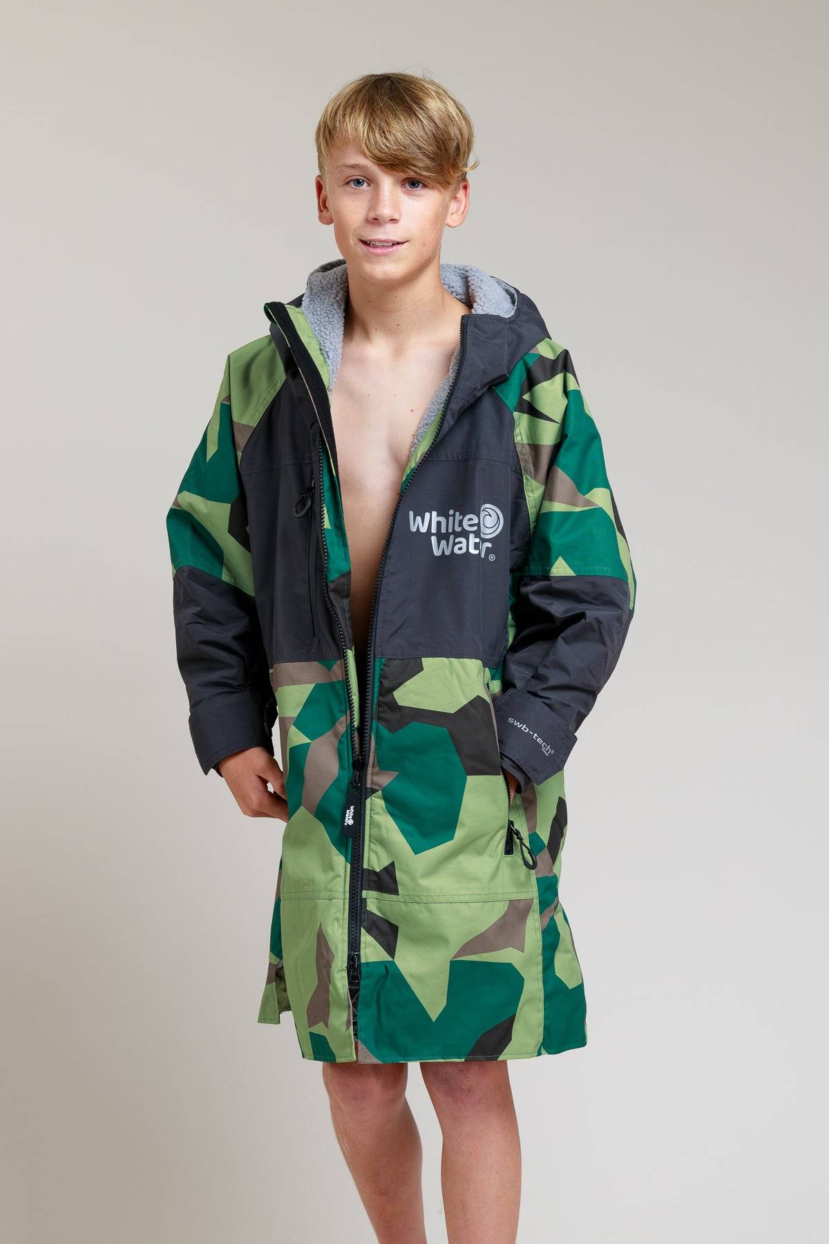 White Water Kids Hard Shell Robe in camo design with hood and zipper.