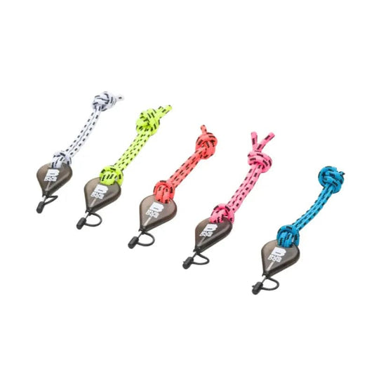 Bulldog fin key with colorful leash strings for surfboard fins.