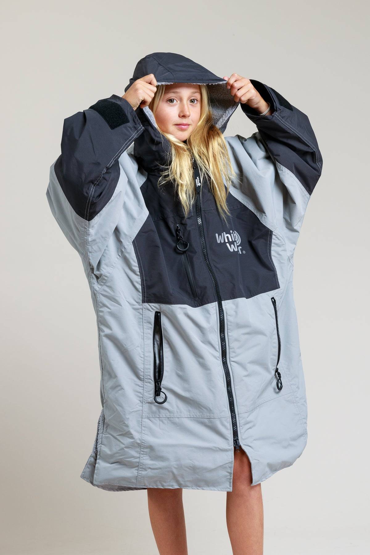 White Water Kids Hard Shell Robe in camo design with hood and zipper.