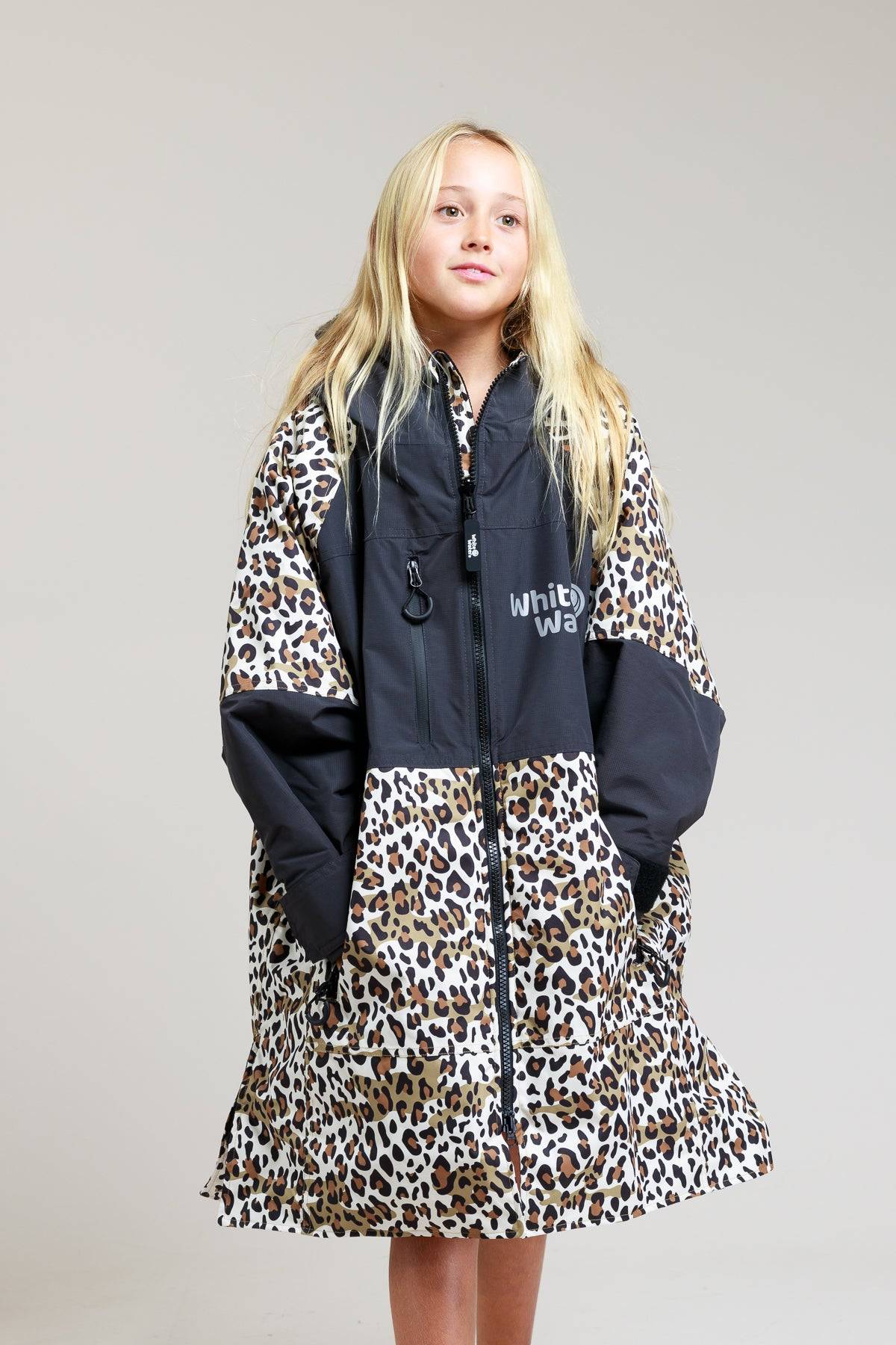 Front view of White Water kids leopard print hard shell robe.