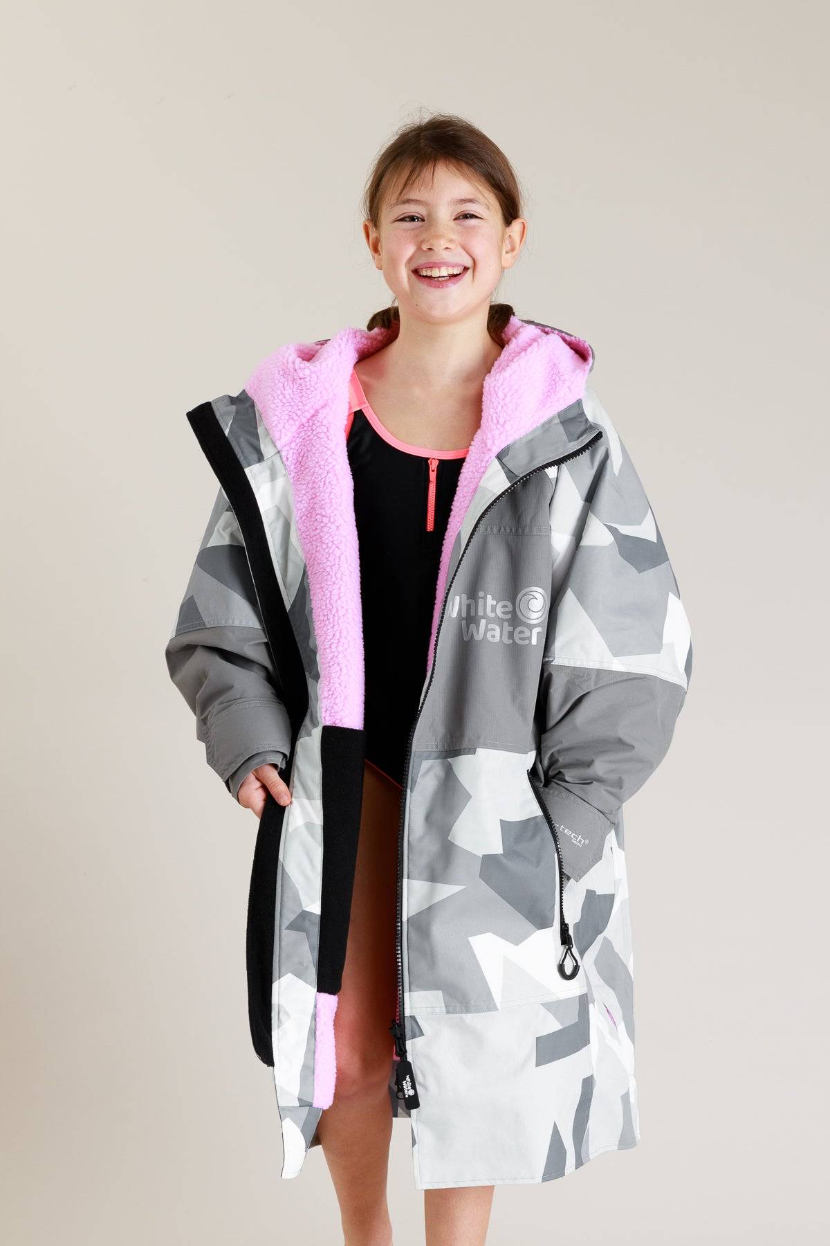White Water Kids Hard Shell Robe in camo design with hood and zipper.