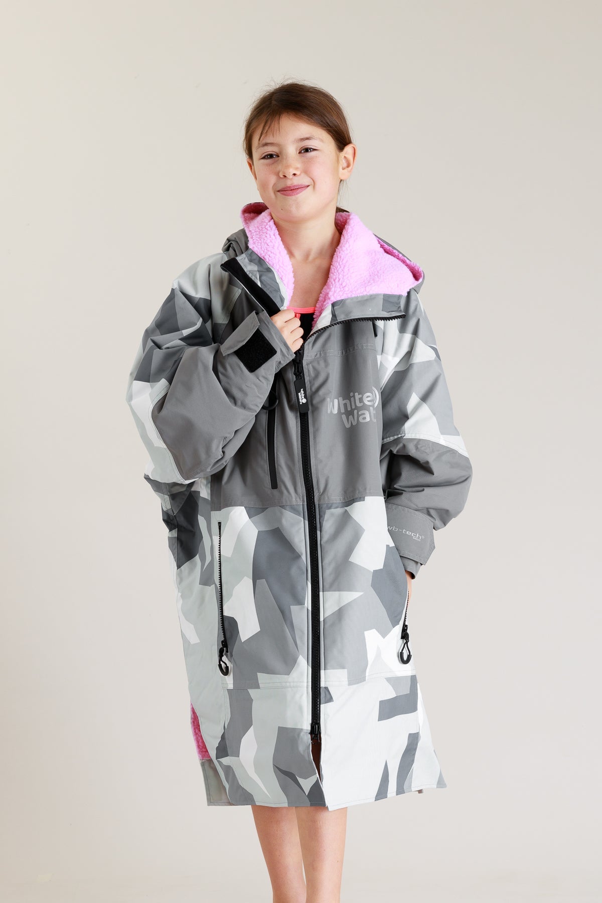 White Water Kids Hard Shell Robe in Arctic Camo with pink lining, front view.