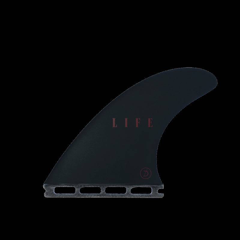 Deflow LEGI ALONSO thruster fin with 'LIFE' text on black surface.