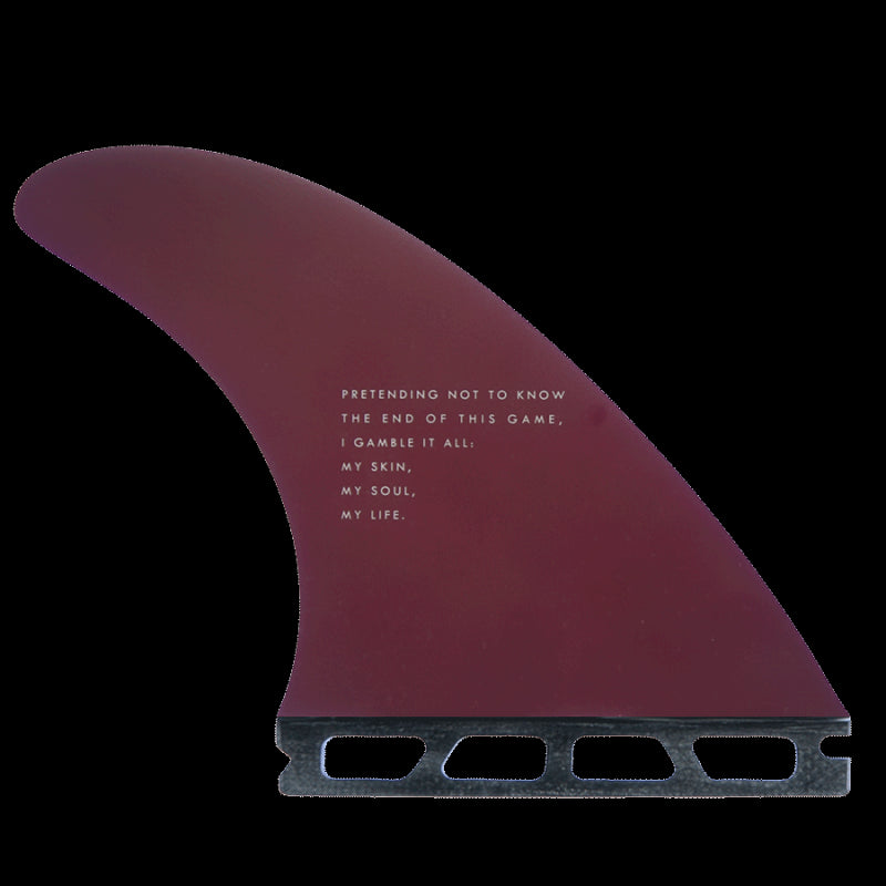 Deflow LEGI ALONSO thruster fin with poetic text on maroon surface.