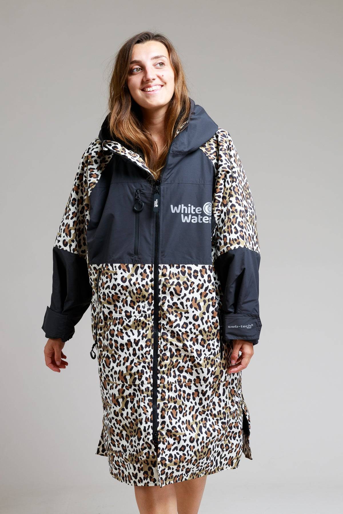 Front view of leopard print White Water robe with black hood and logo.