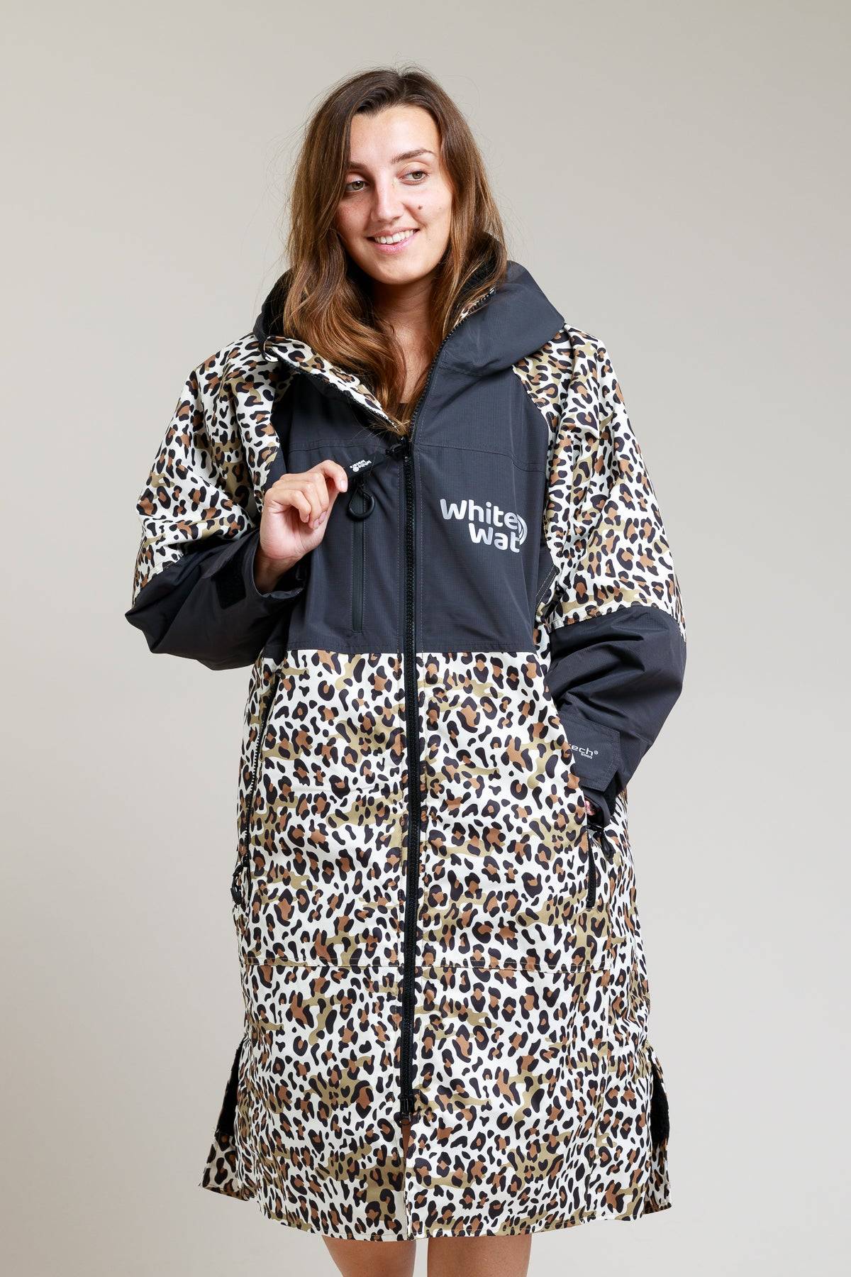 White Water Adults Hard Shell Robe in leopard print with hood and zipper.