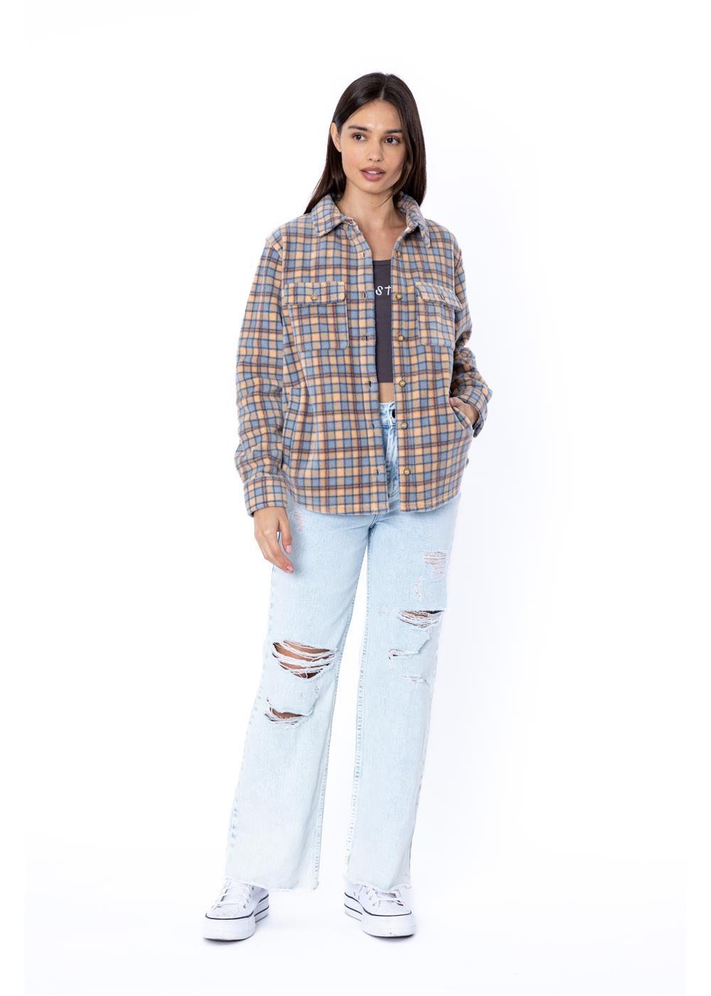 Sisstr Michelle Eco-Zy coral shirt, plaid design, mid-length, styled with ripped jeans.