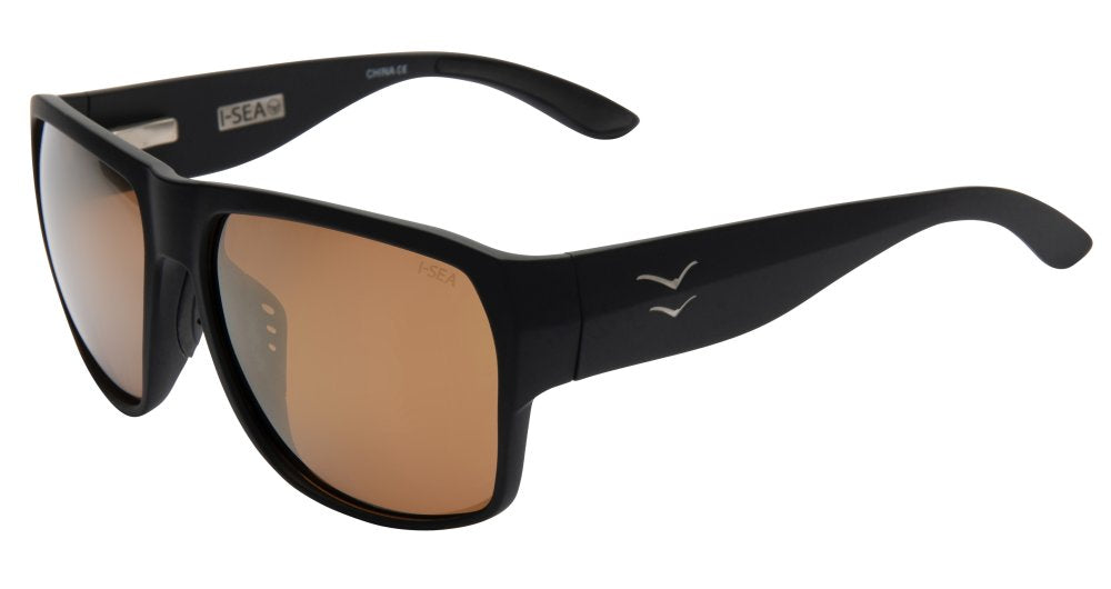 Side view of I-Sea Nick I Waterman sunglasses showcasing black rubber frame and copper mirror lenses.