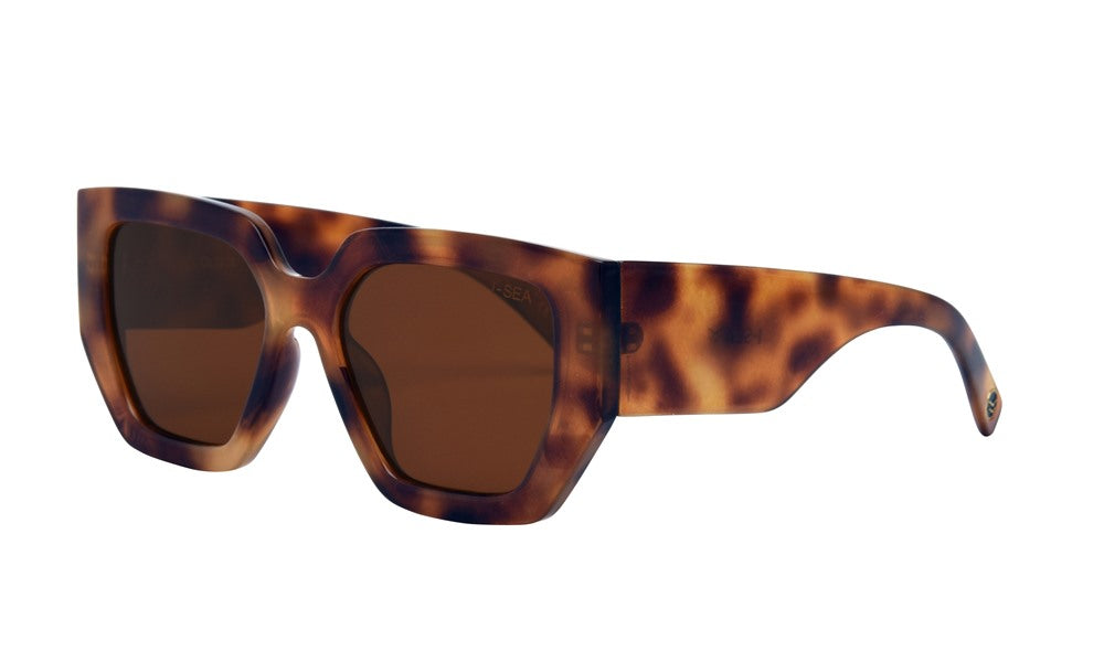 I-Sea Sunglasses Olivia in mocha tort frame with brown polarized lenses, side angle view.