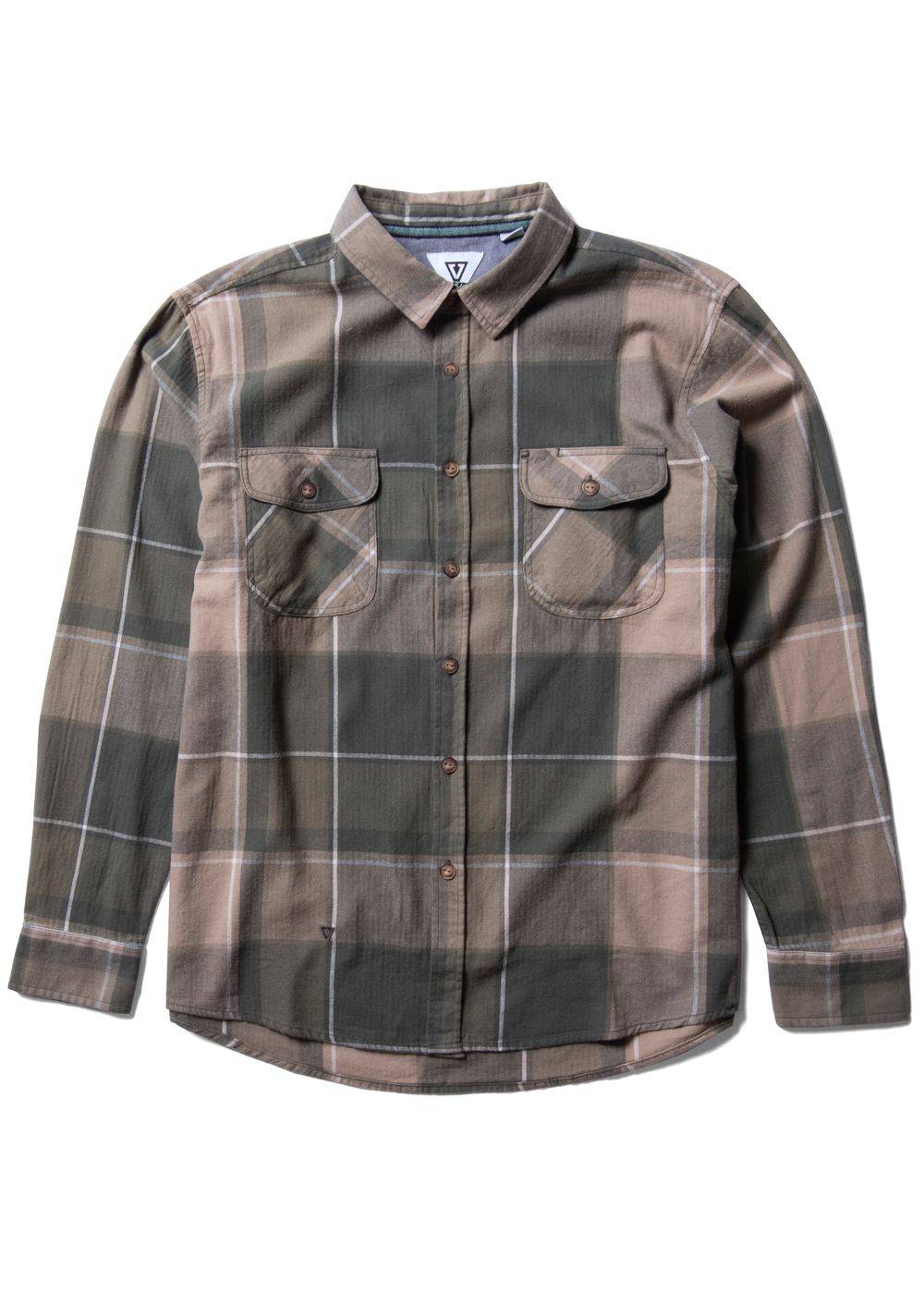 Vissla Central Coast Eco LS Flannel in vintage green with front pockets.