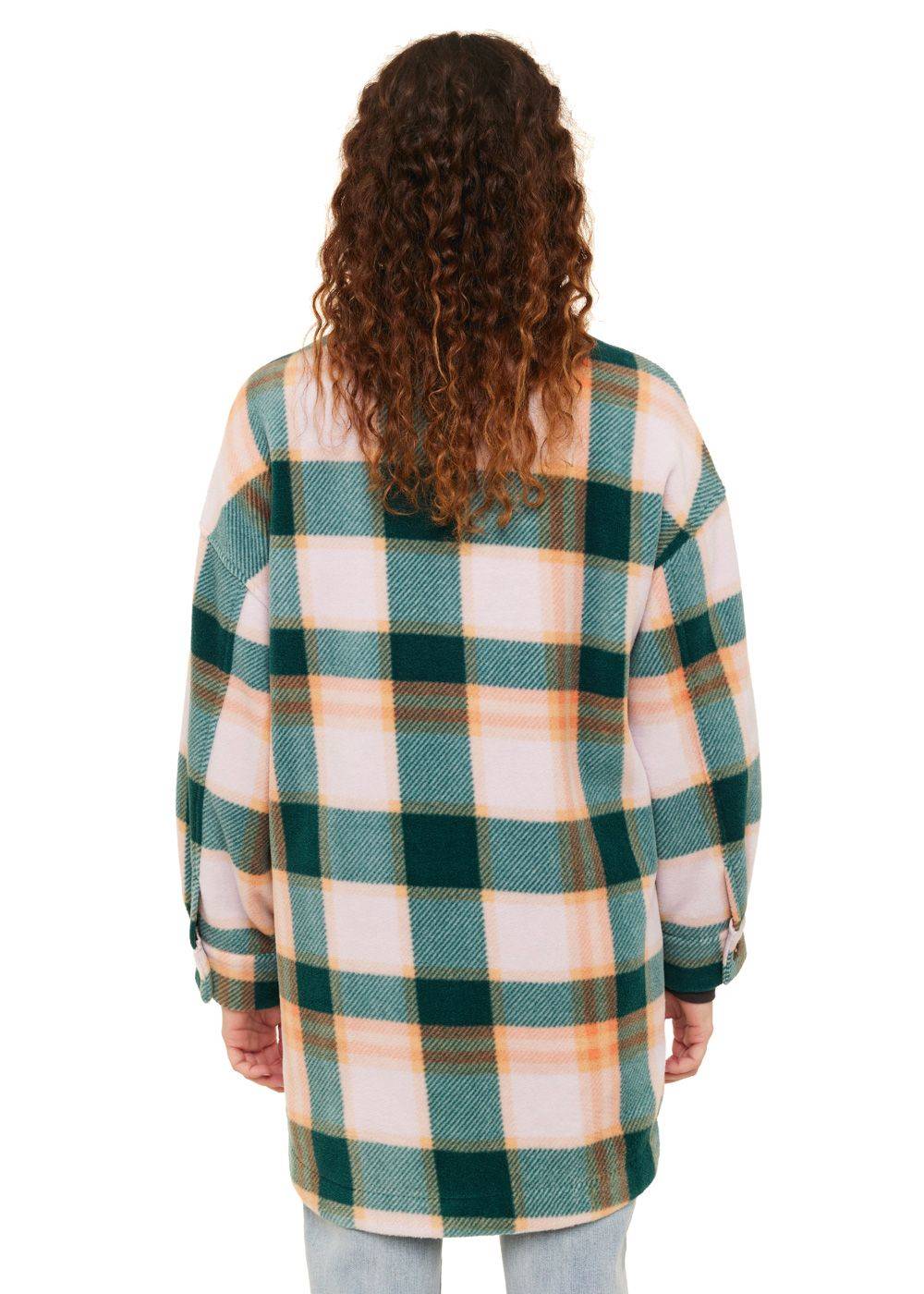 Sisstrevolution Palma Eco-zy Overshirt in coral plaid, back view.