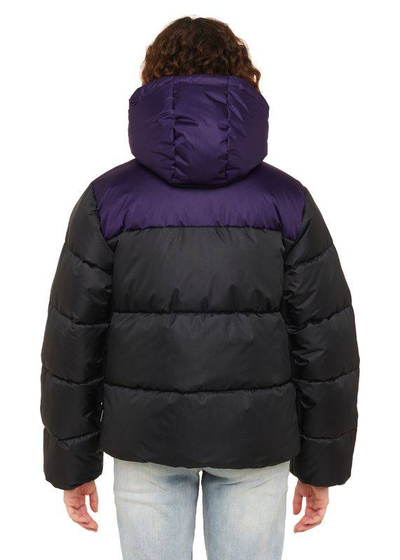 Back view of Sisstrevolution Rita Puff Jacket in black and purple.