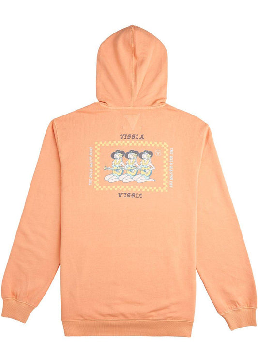 Back view of Vissla Serenade Hood Fleece in bright sulfur with graphic design.