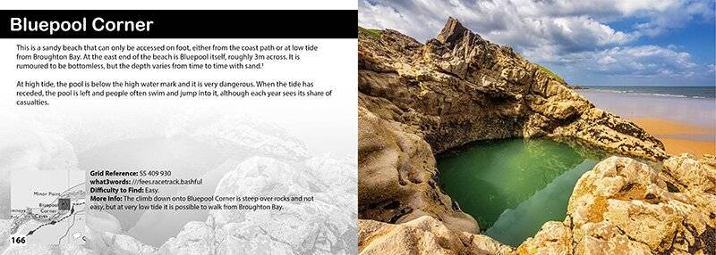 Hidden Gower Destinations Book by Dan Santillo showcases Bluepool Corner, a tidal rock pool with access tips and safety notes for explorers.
