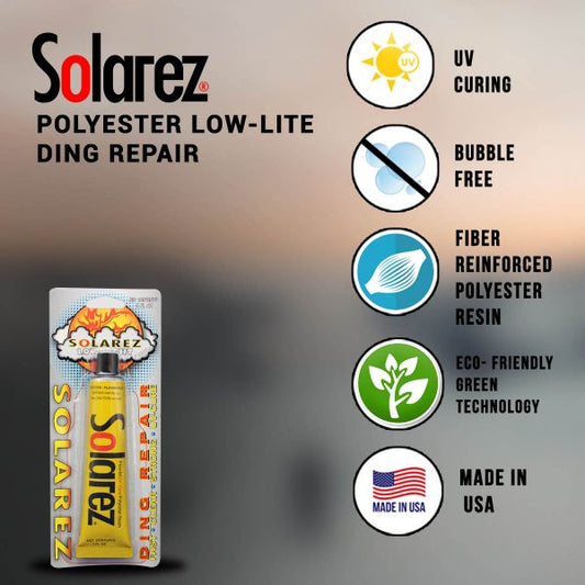 Features of Solarez Polyester Low-Lite Ding Repair: UV curing, bubble-free, fiber-reinforced resin, eco-friendly, made in USA.