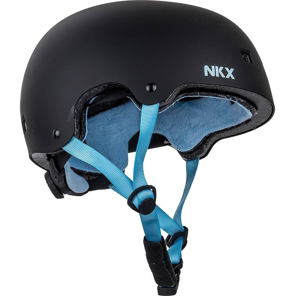 NKX brain saver helmet in black with blue interior and straps.
