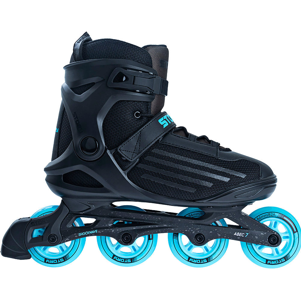 Story Shockwave Inline Skates in black and red with durable frame and wheels.