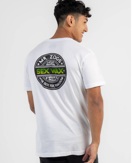 Back view of the Sexwax Word Fade Tee in green, featuring bold logo design.