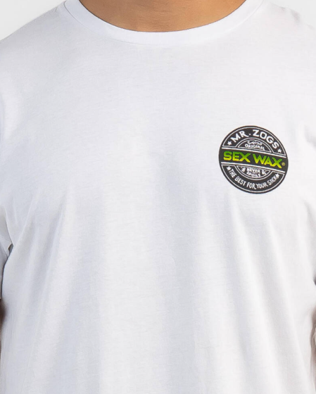 Close-up of the Sexwax Word Fade Tee in green, showcasing chest logo detail.