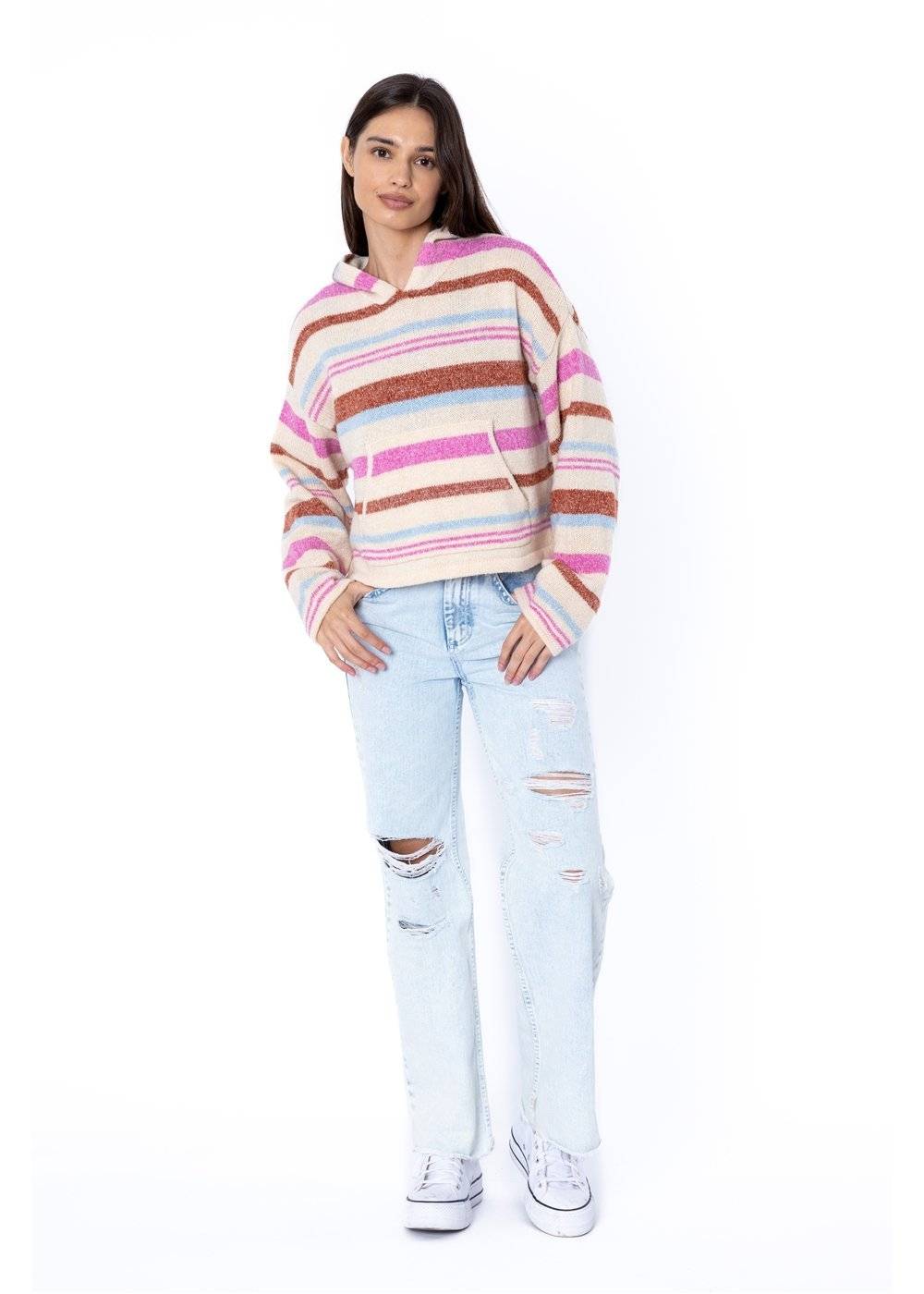 Sisstr Seabrook Sweater in Sea Salt with colorful stripes, front view.