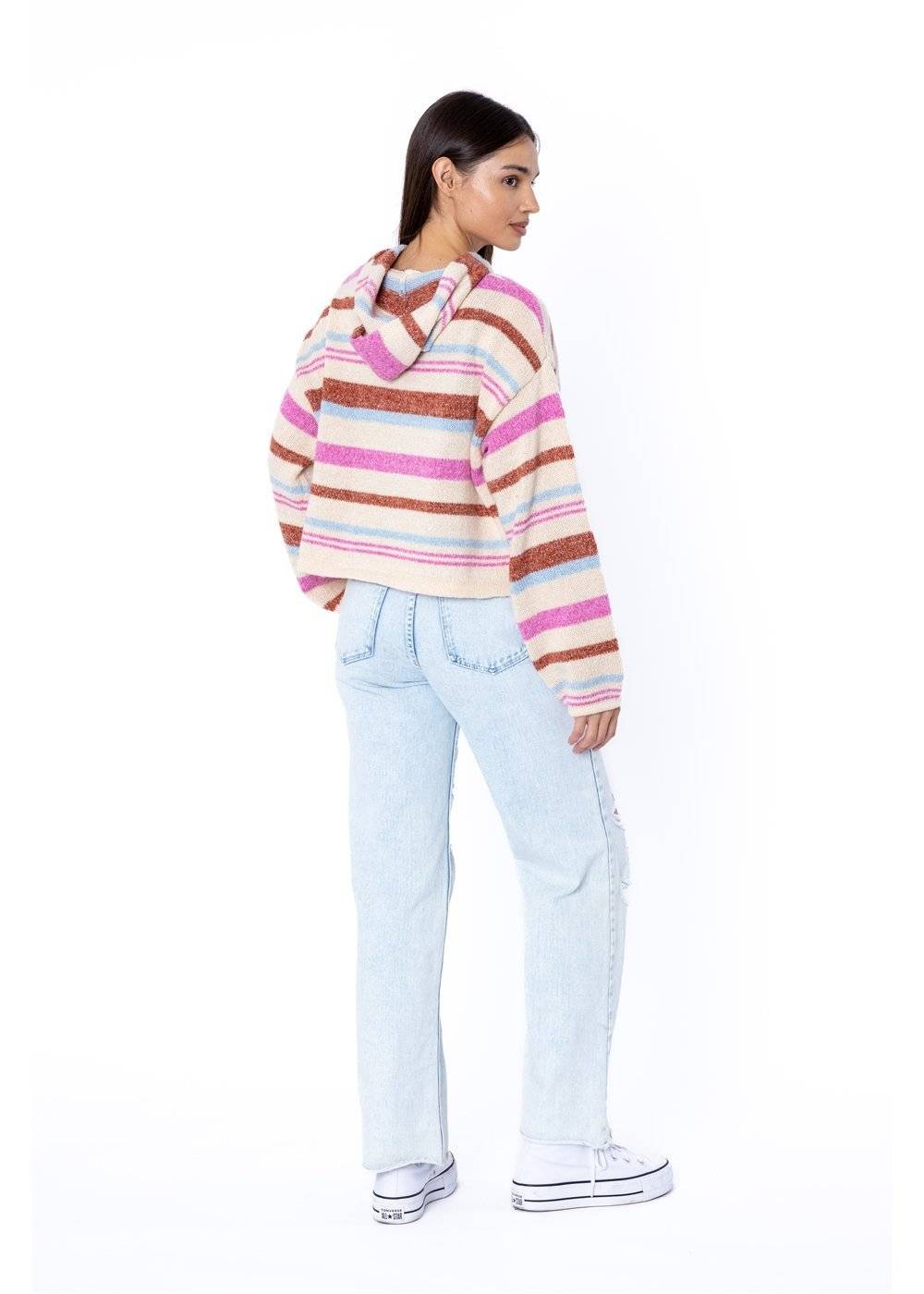 Sisstr Seabrook Sweater in Sea Salt with colorful stripes, back view.