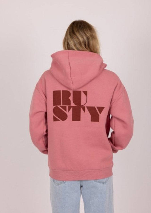 Back view of Rusty Alana oversize pink zip hooded fleece with bold logo.