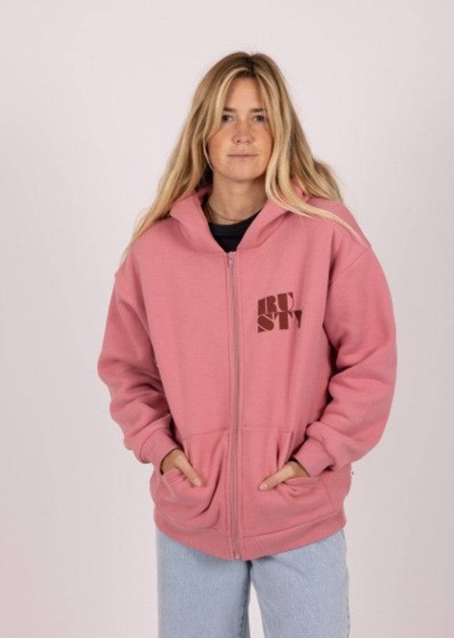 Rusty Alana oversize pink zip hooded fleece with front logo.