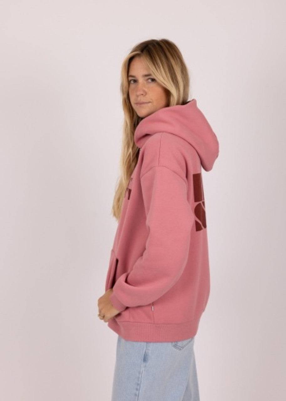 Side view of Rusty Alana oversize pink zip hooded fleece with relaxed fit.