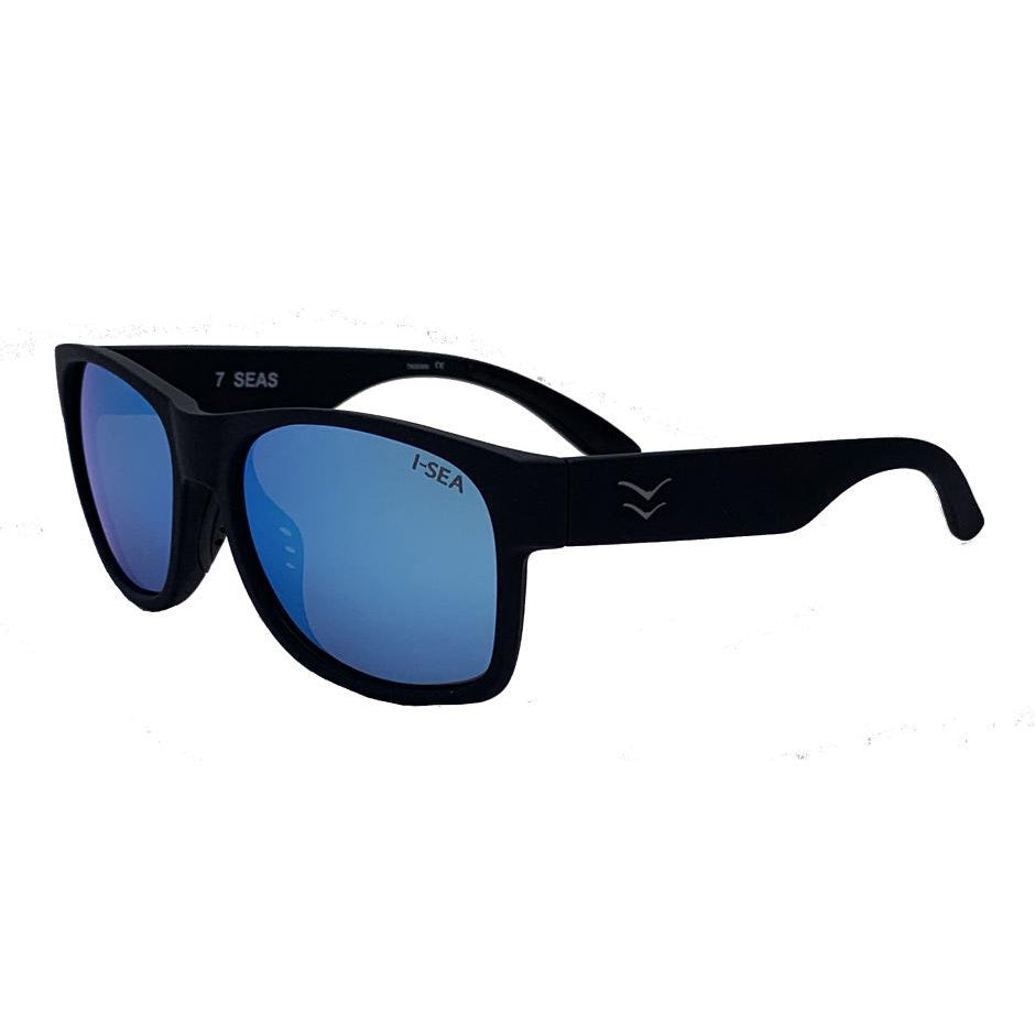 Side view of I-Sea Seven Seas sunglasses with black frame and blue mirror polarized lenses.